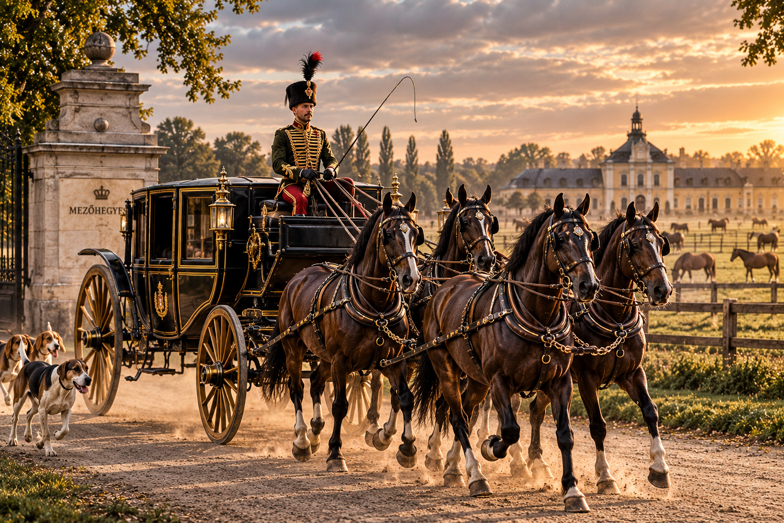 Hungarian hussar and traditional horse-drawn carriage